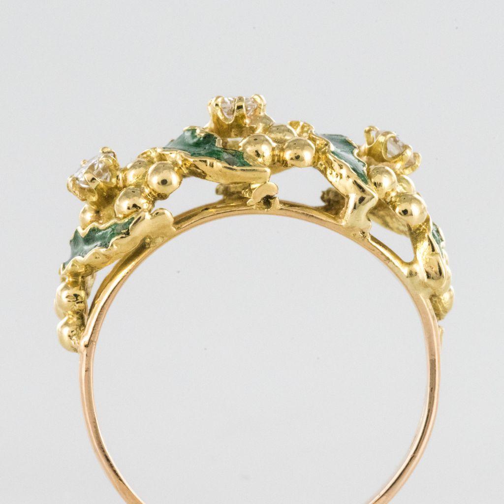 1980s Green Enamel Diamond 18 Karat Yellow Gold Ring For Sale 9
