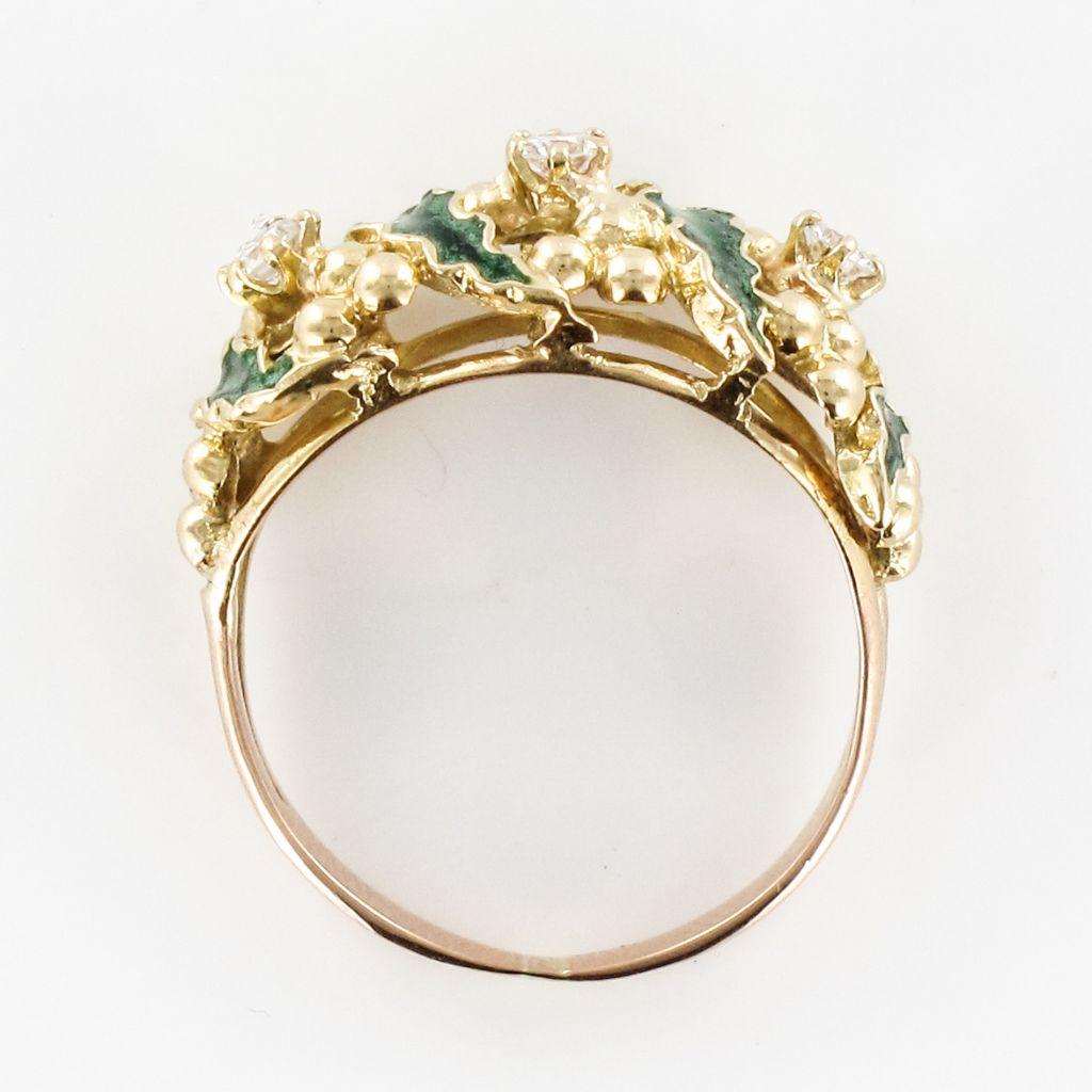 1980s Green Enamel Diamond 18 Karat Yellow Gold Ring For Sale 10