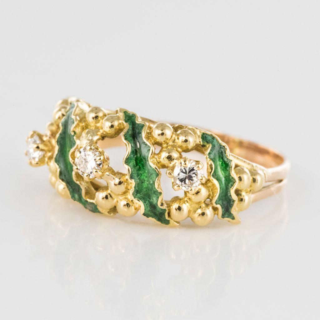 Modernist 1980s Green Enamel Diamond 18 Karat Yellow Gold Ring For Sale