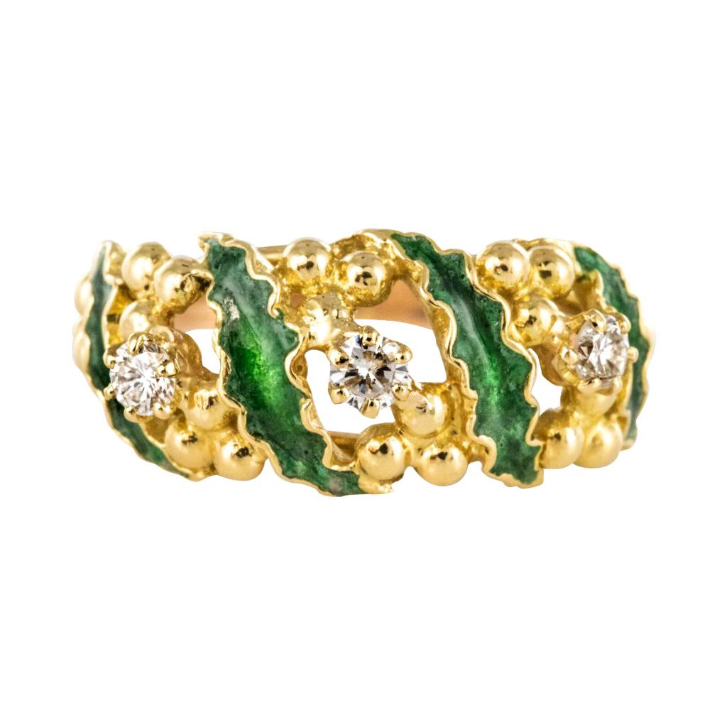 1980s Green Enamel Diamond 18 Karat Yellow Gold Ring For Sale