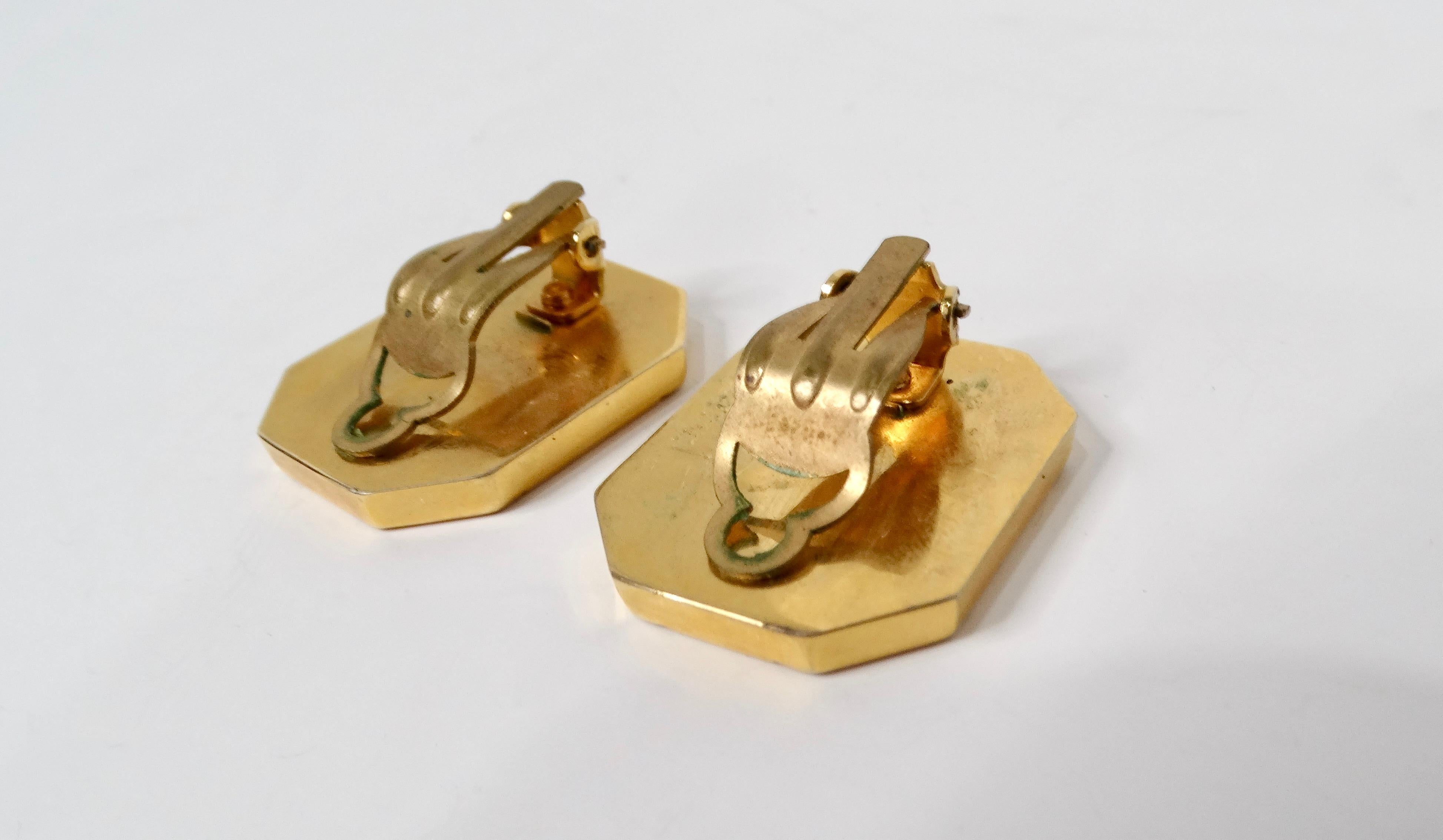 Women's 1980s Green Leather Gold Tone Octagon Clip-On Earrings For Sale