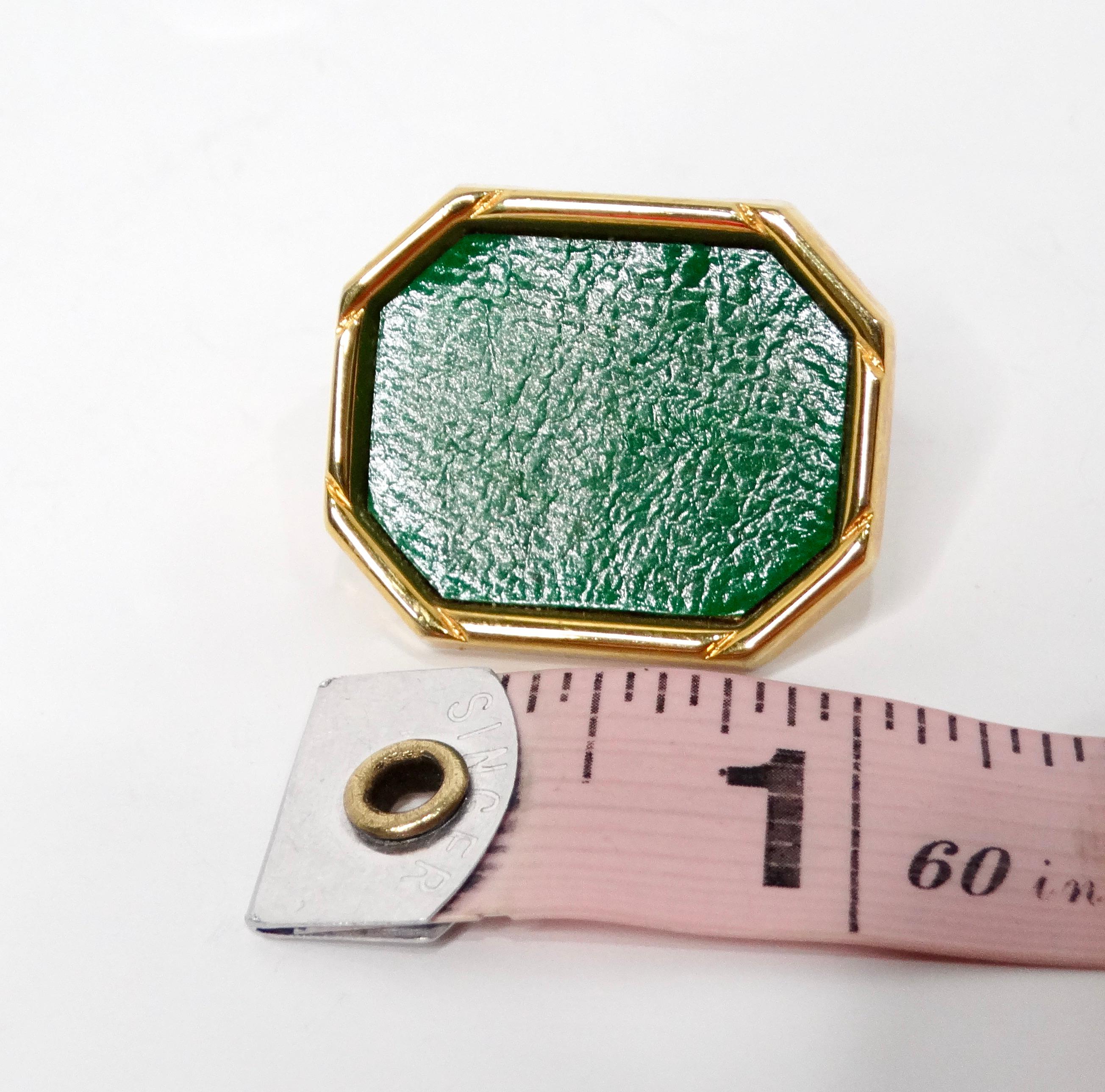 1980s Green Leather Gold Tone Octagon Clip-On Earrings For Sale 1