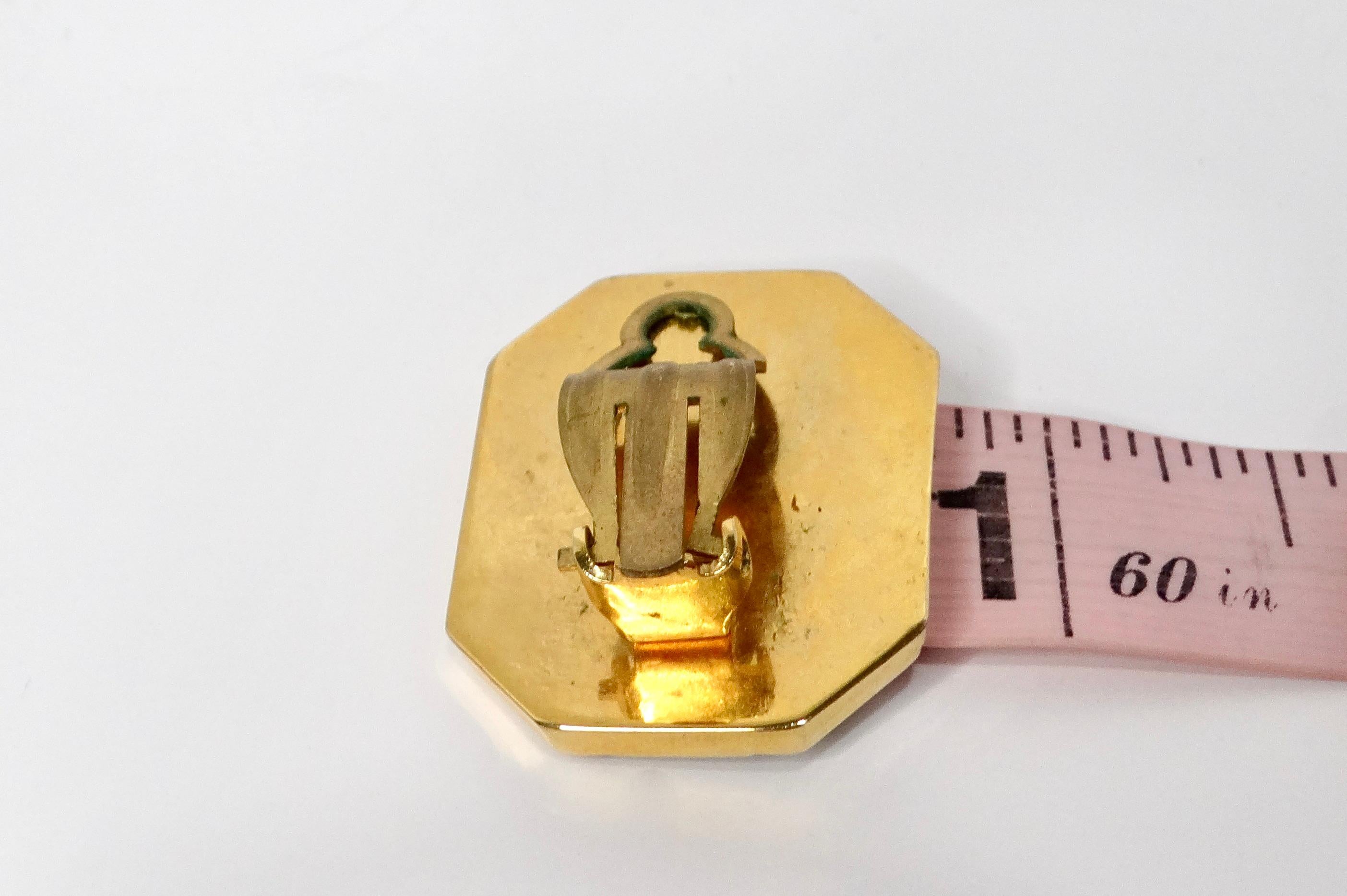 1980s Green Leather Gold Tone Octagon Clip-On Earrings For Sale 2