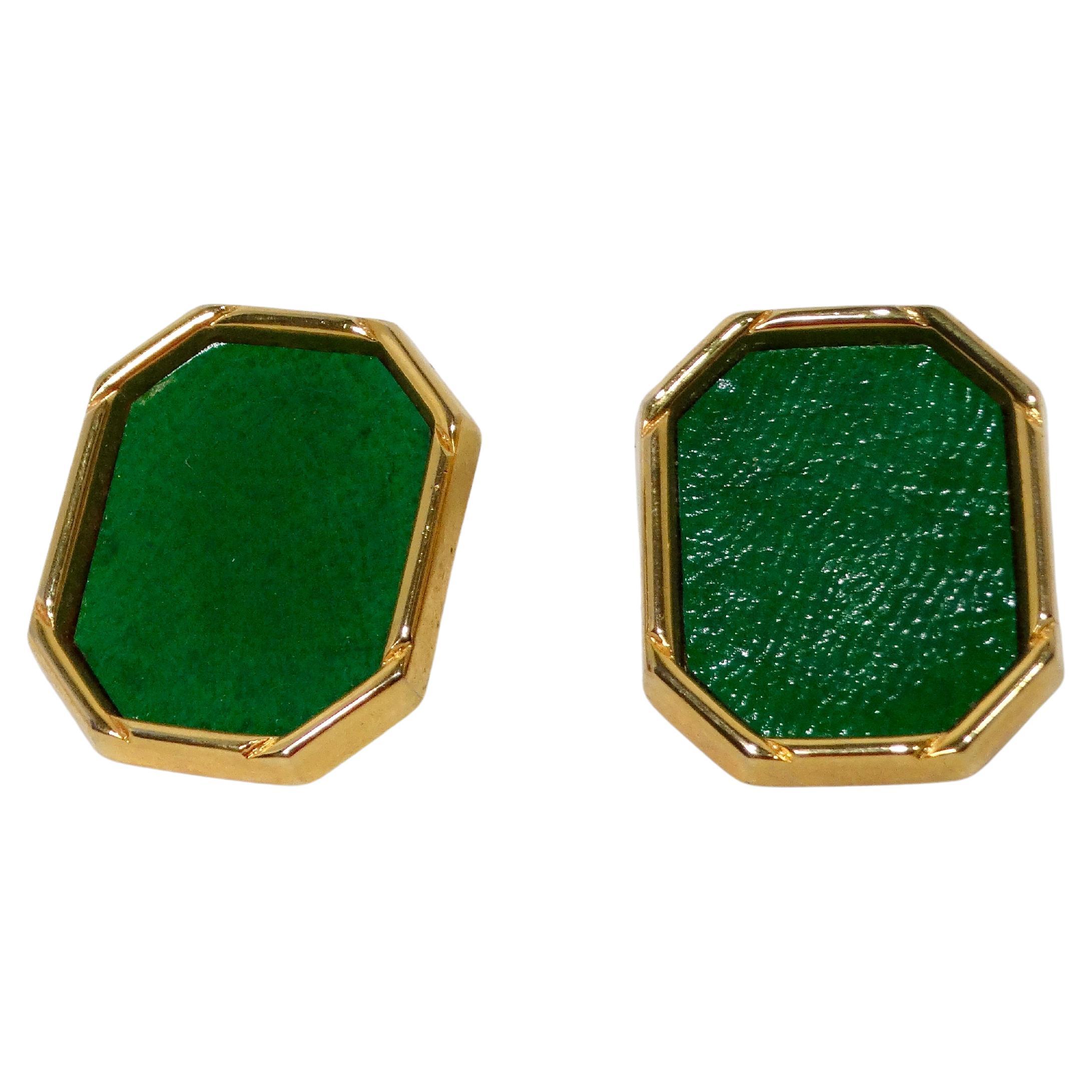 1980s Green Leather Gold Tone Octagon Clip-On Earrings For Sale