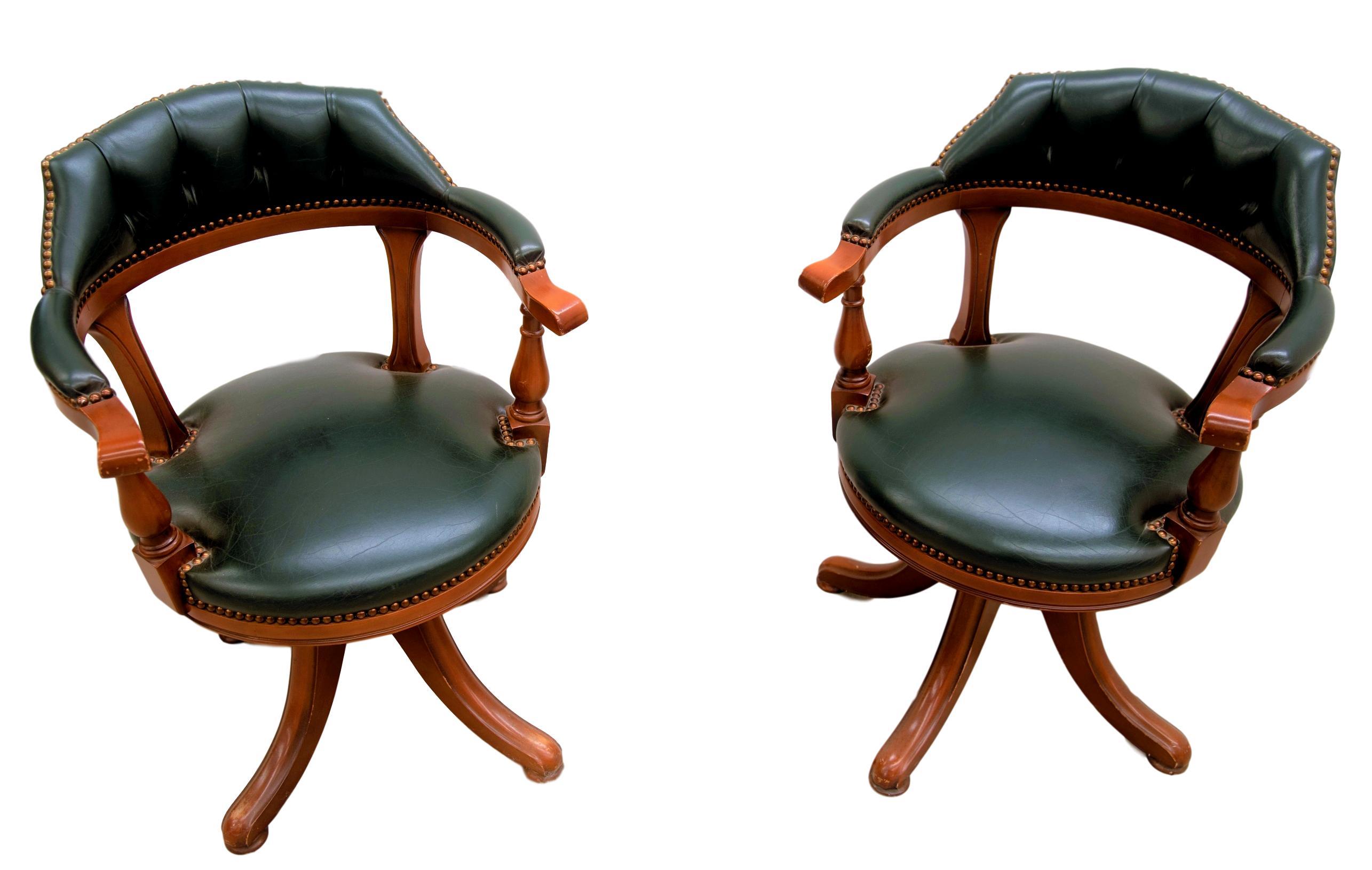 Victorian 1980s Green Leather & Wood Open Arm Captain Chair, Tufted and Nail Finish, Pair