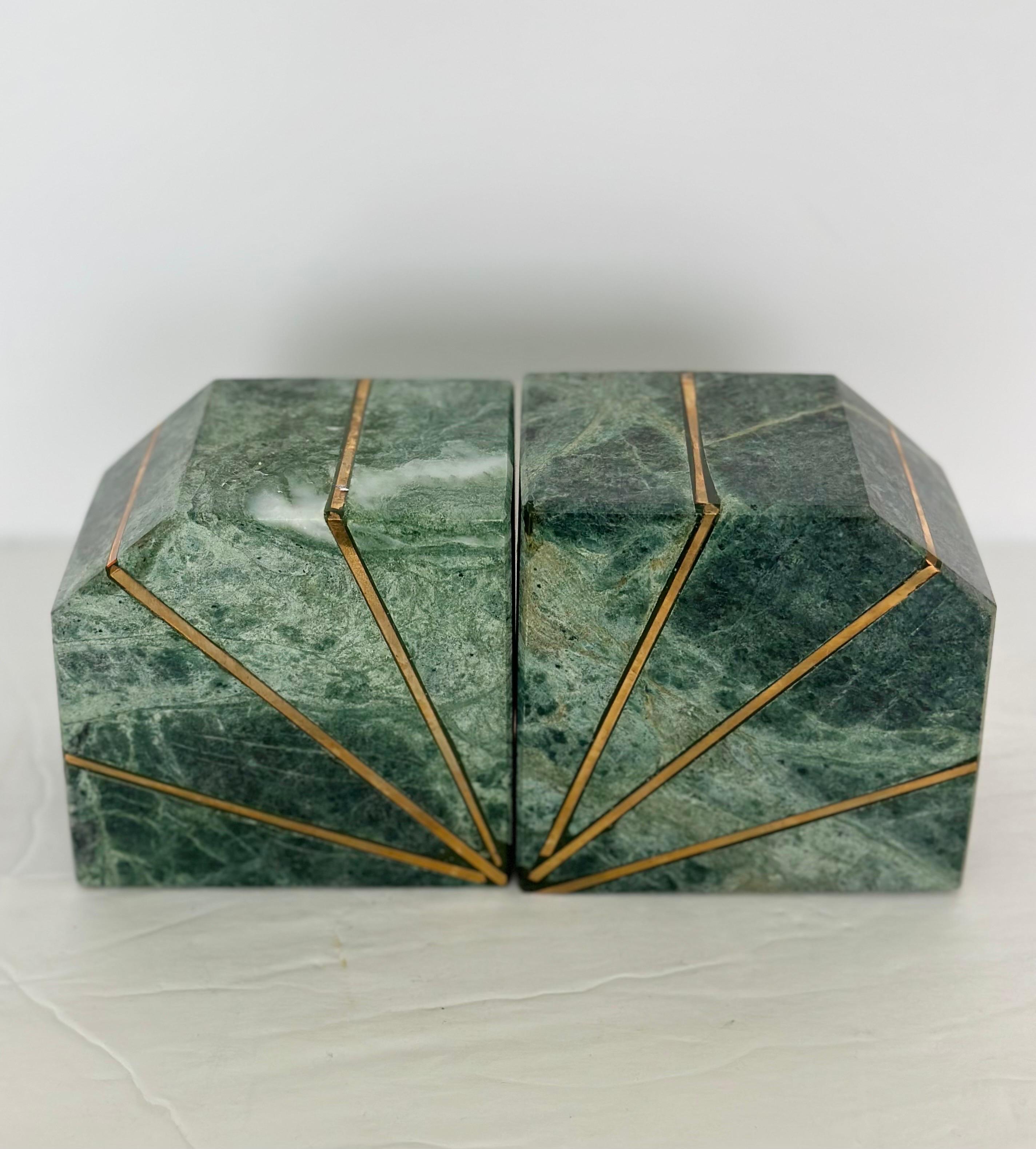Mid-Century Modern 1980s Green Verde Guatemala Marble and Brass Bookends – a Pair 