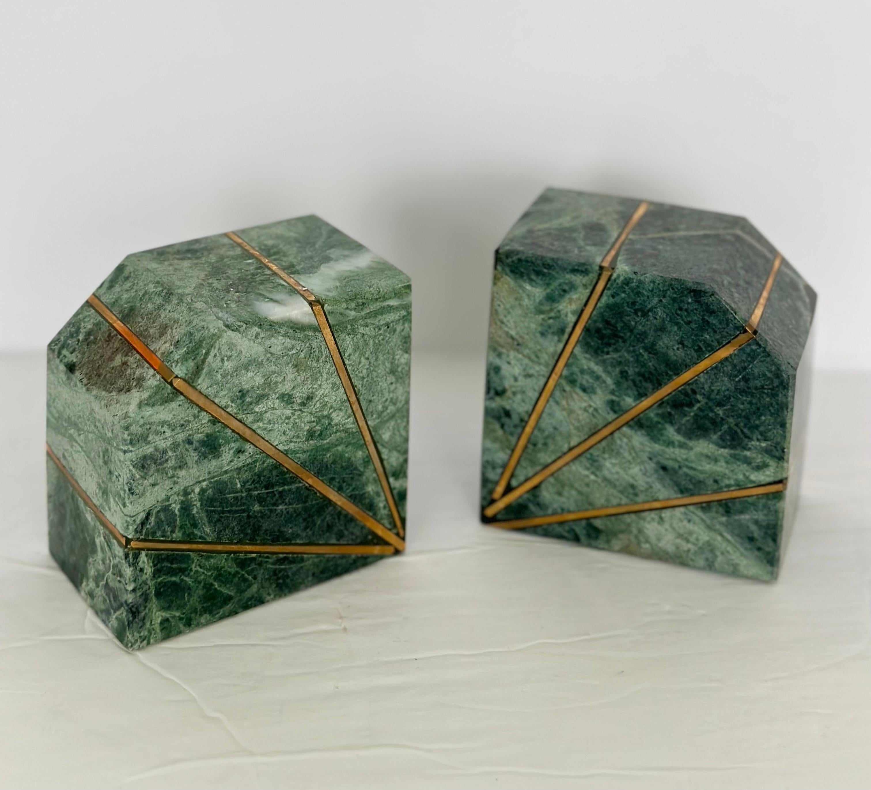 American 1980s Green Verde Guatemala Marble and Brass Bookends – a Pair 