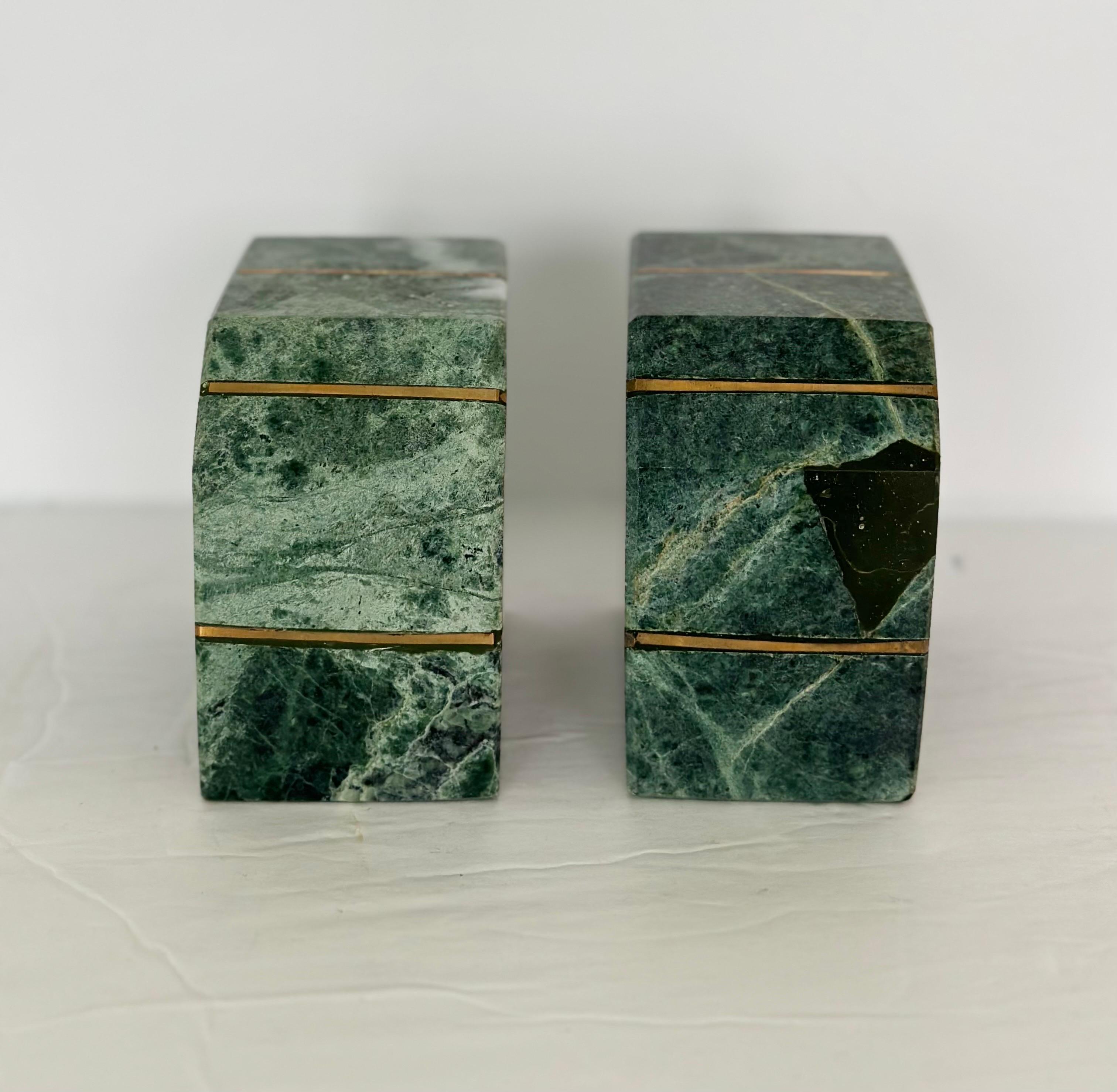 1980s Green Verde Guatemala Marble and Brass Bookends – a Pair  In Good Condition In Farmington Hills, MI