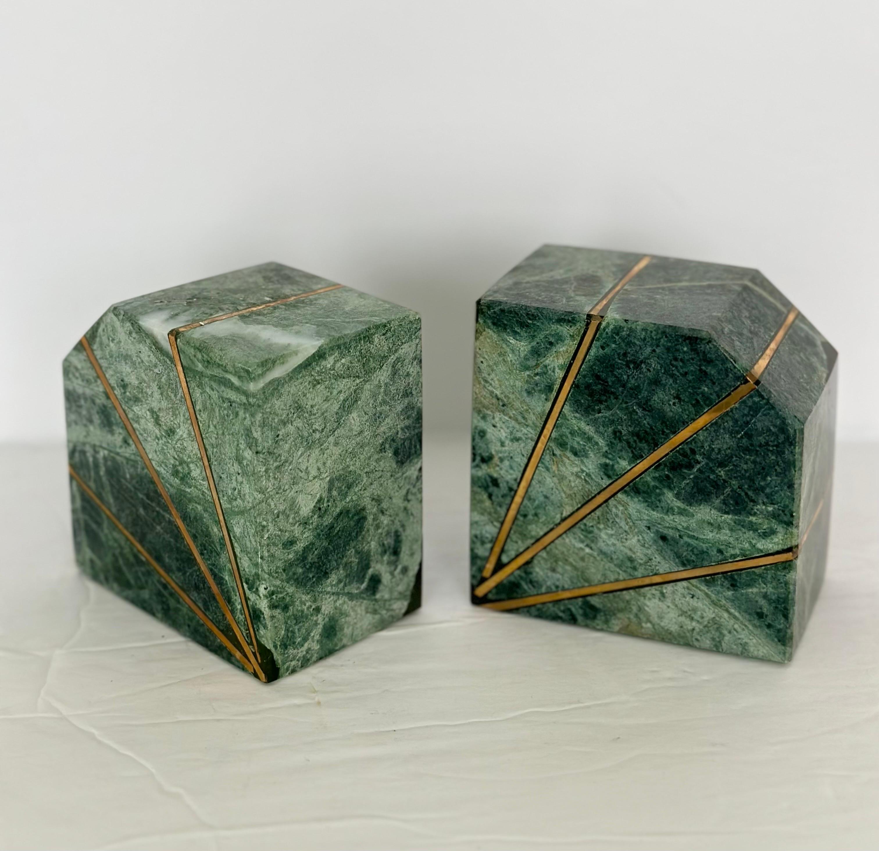 Late 20th Century 1980s Green Verde Guatemala Marble and Brass Bookends – a Pair 
