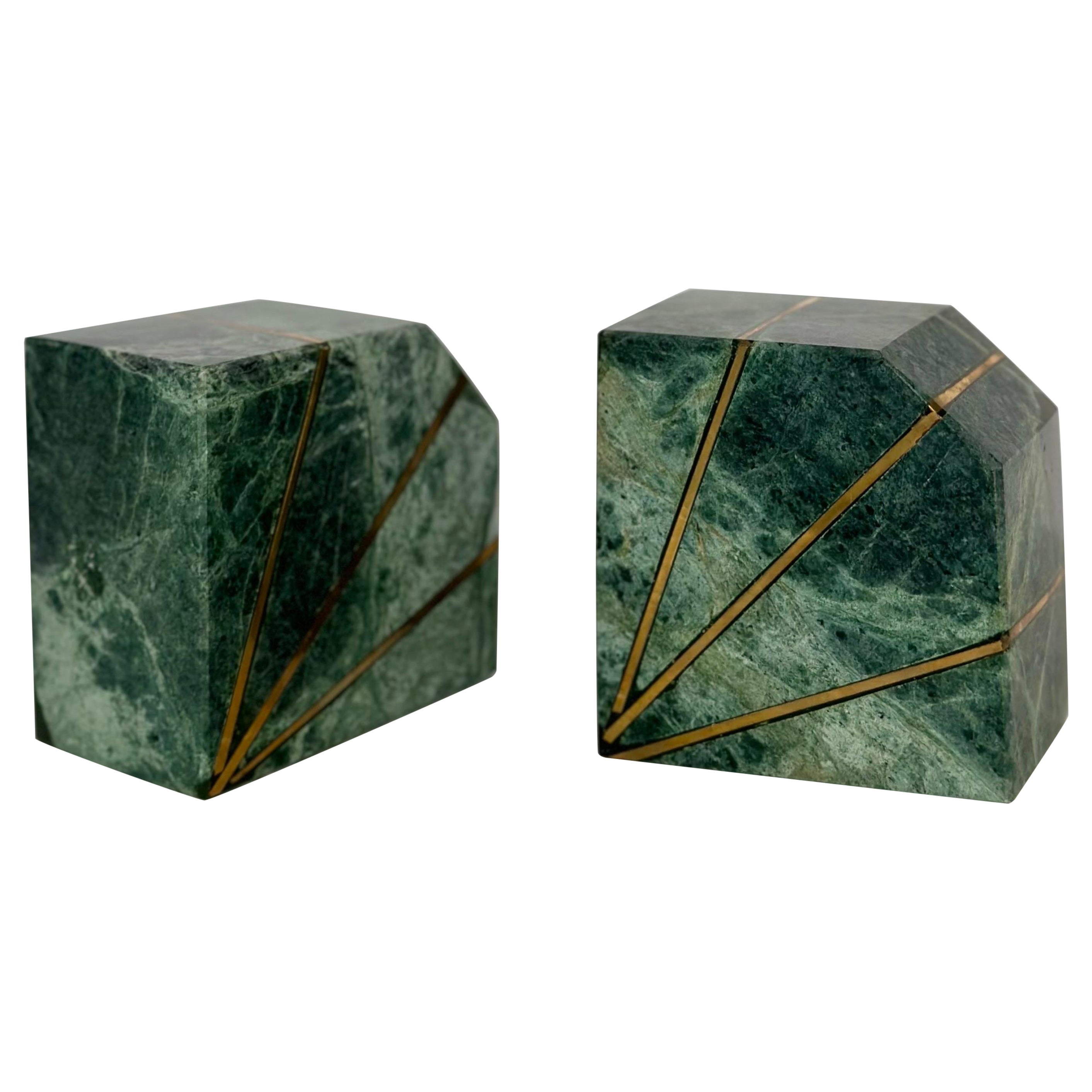 1980s Green Verde Guatemala Marble and Brass Bookends – a Pair