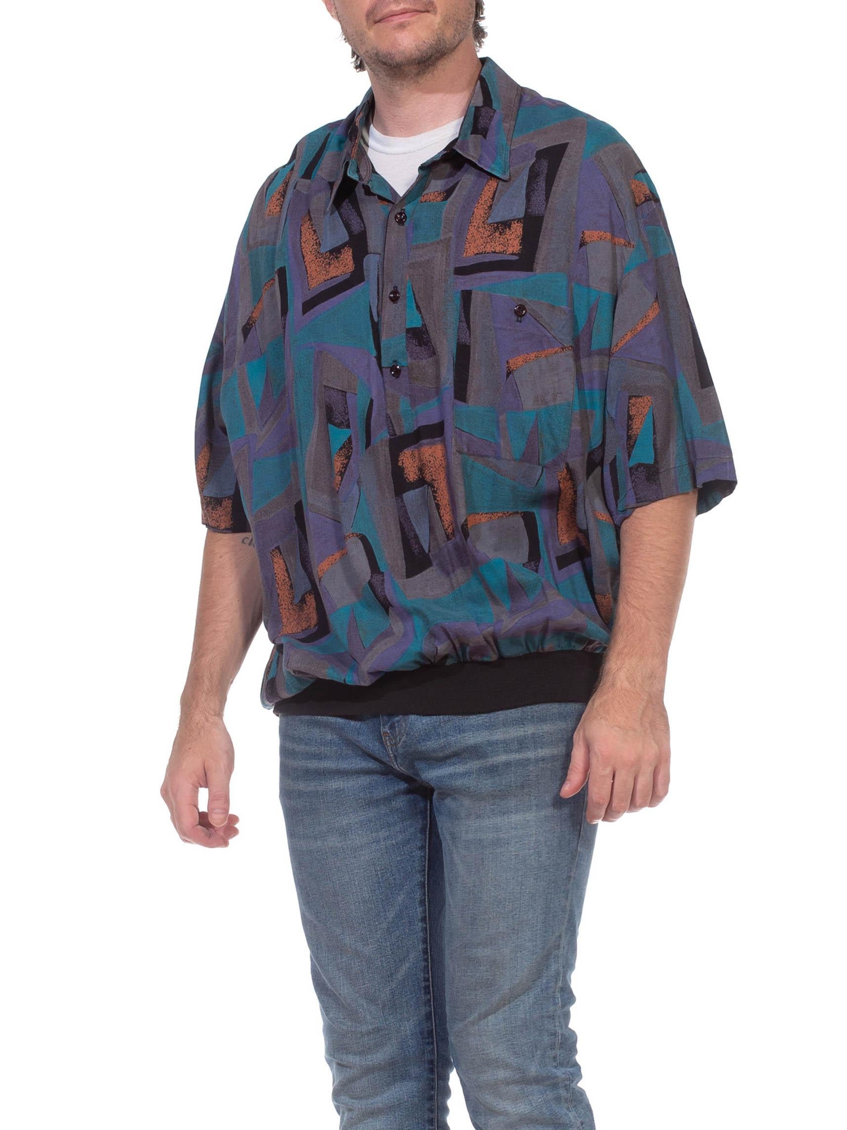 1980S Grey & Purple Cotton Blend Short Sleeve Men's Pullover Shirt 1