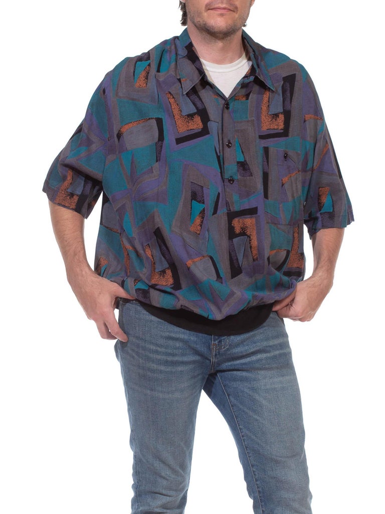 1980S Grey and Purple Cotton Blend Short Sleeve Men's Pullover Shirt ...