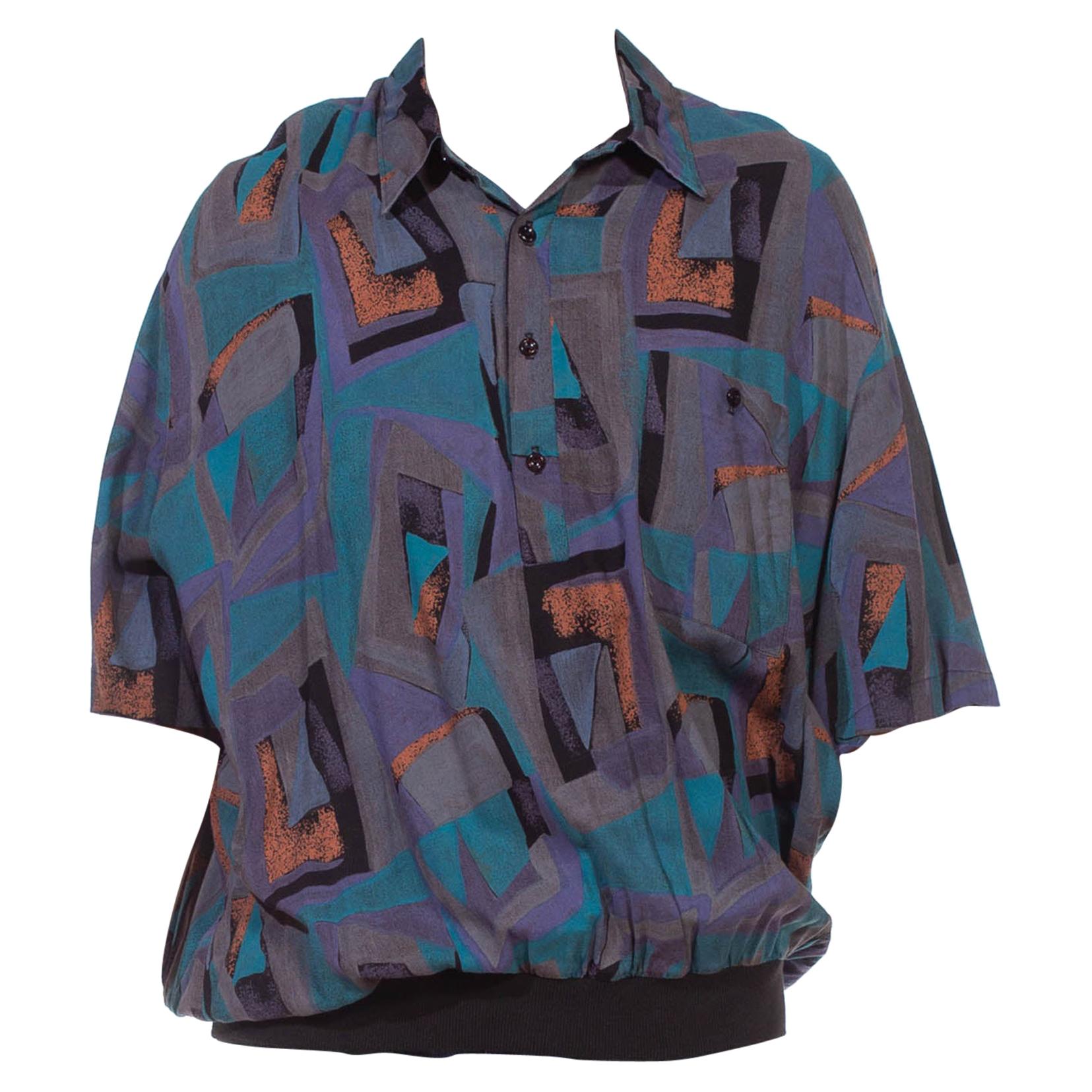 1980S Grey & Purple Cotton Blend Short Sleeve Men's Pullover Shirt
