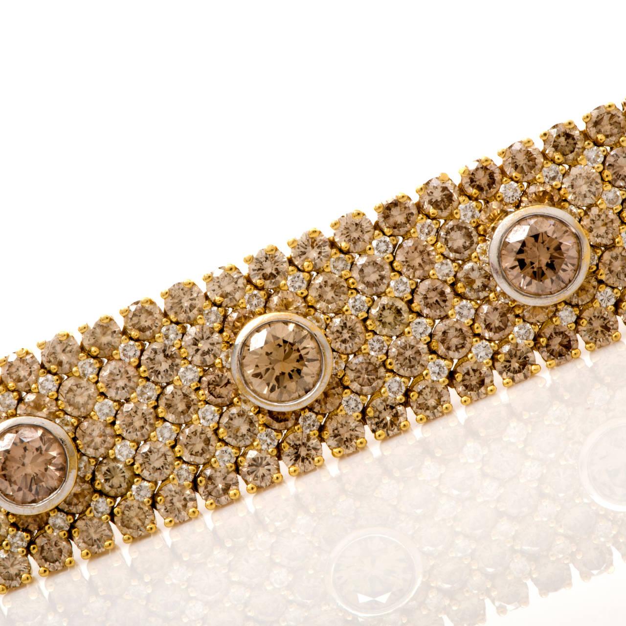 1980s GUA Fancy Natural Brown Yellow Diamond Wide Gold Bracelet For Sale 3