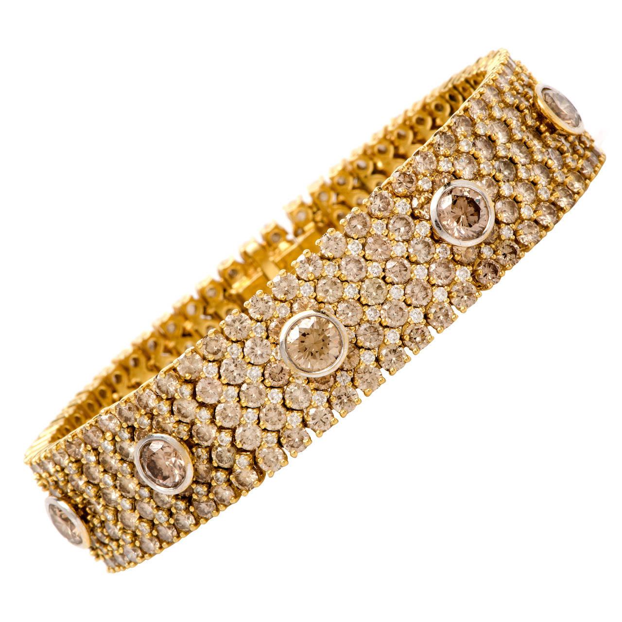 1980s GUA Fancy Natural Brown Yellow Diamond Wide Gold Bracelet