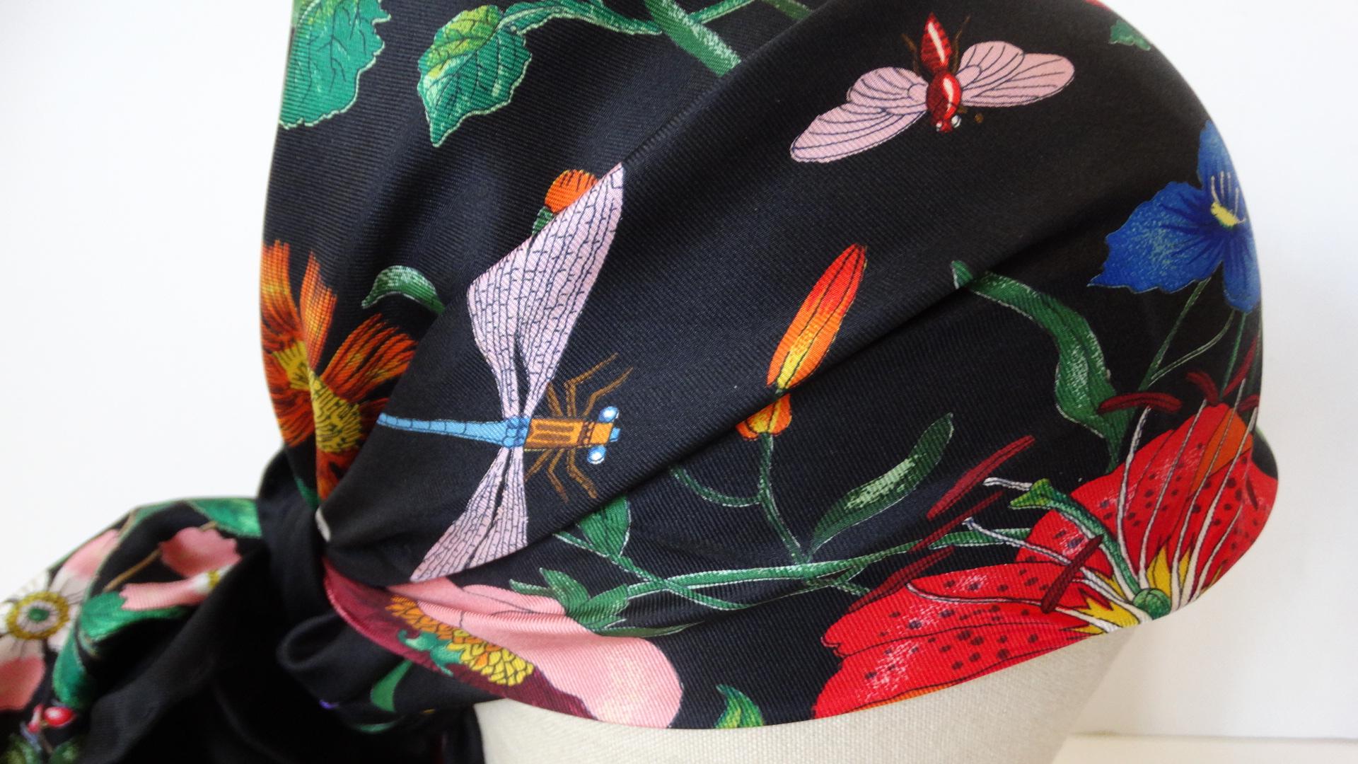 1980s Gucci Black Flora Printed Silk Scarf 5