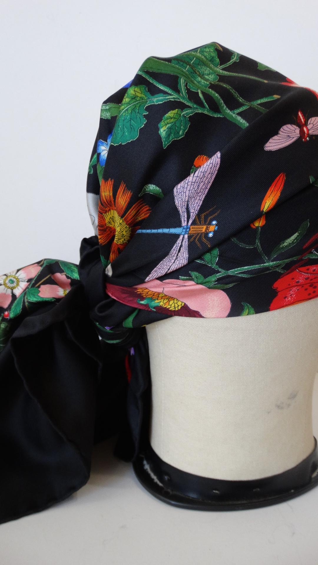 1980s Gucci Black Flora Printed Silk Scarf 6