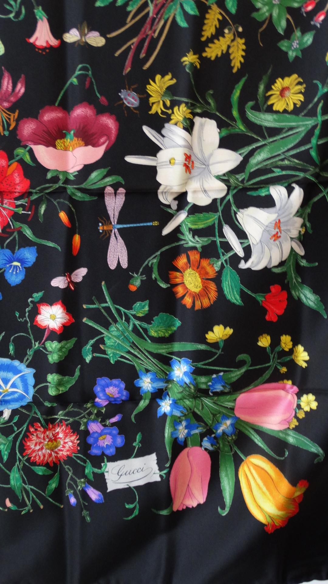1980s Gucci Black Flora Printed Silk Scarf 7