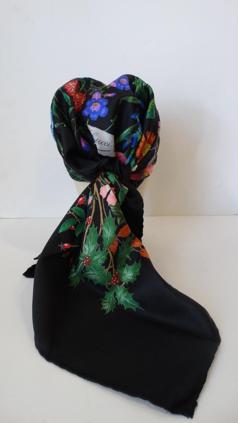 1980s Gucci Black Flora Printed Silk Scarf