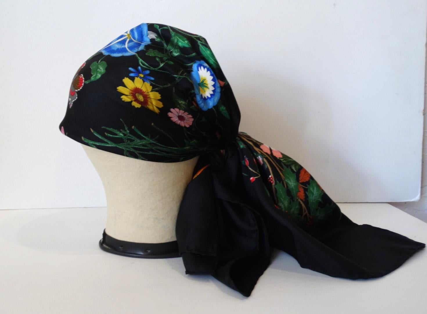 1980s Gucci Black Flora Printed Silk Scarf In Excellent Condition In Scottsdale, AZ