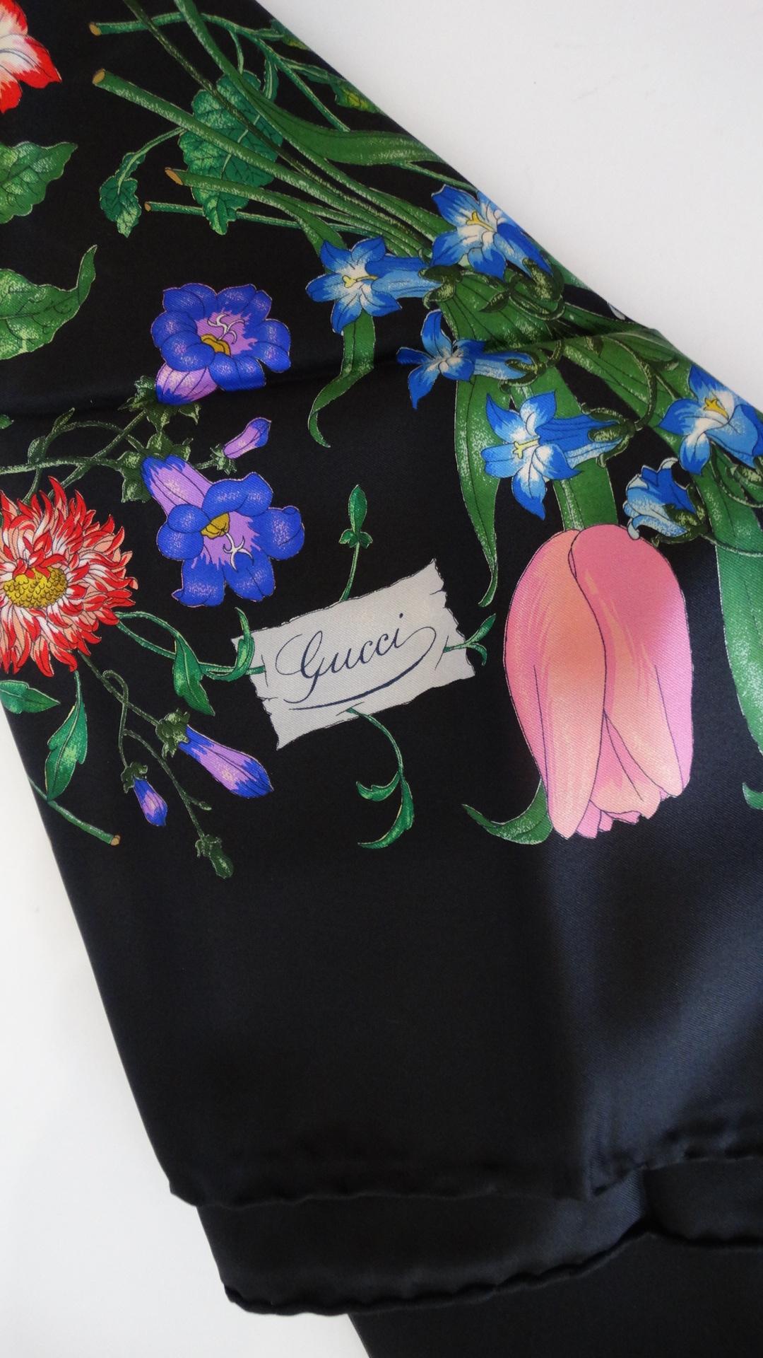 Women's or Men's 1980s Gucci Black Flora Printed Silk Scarf