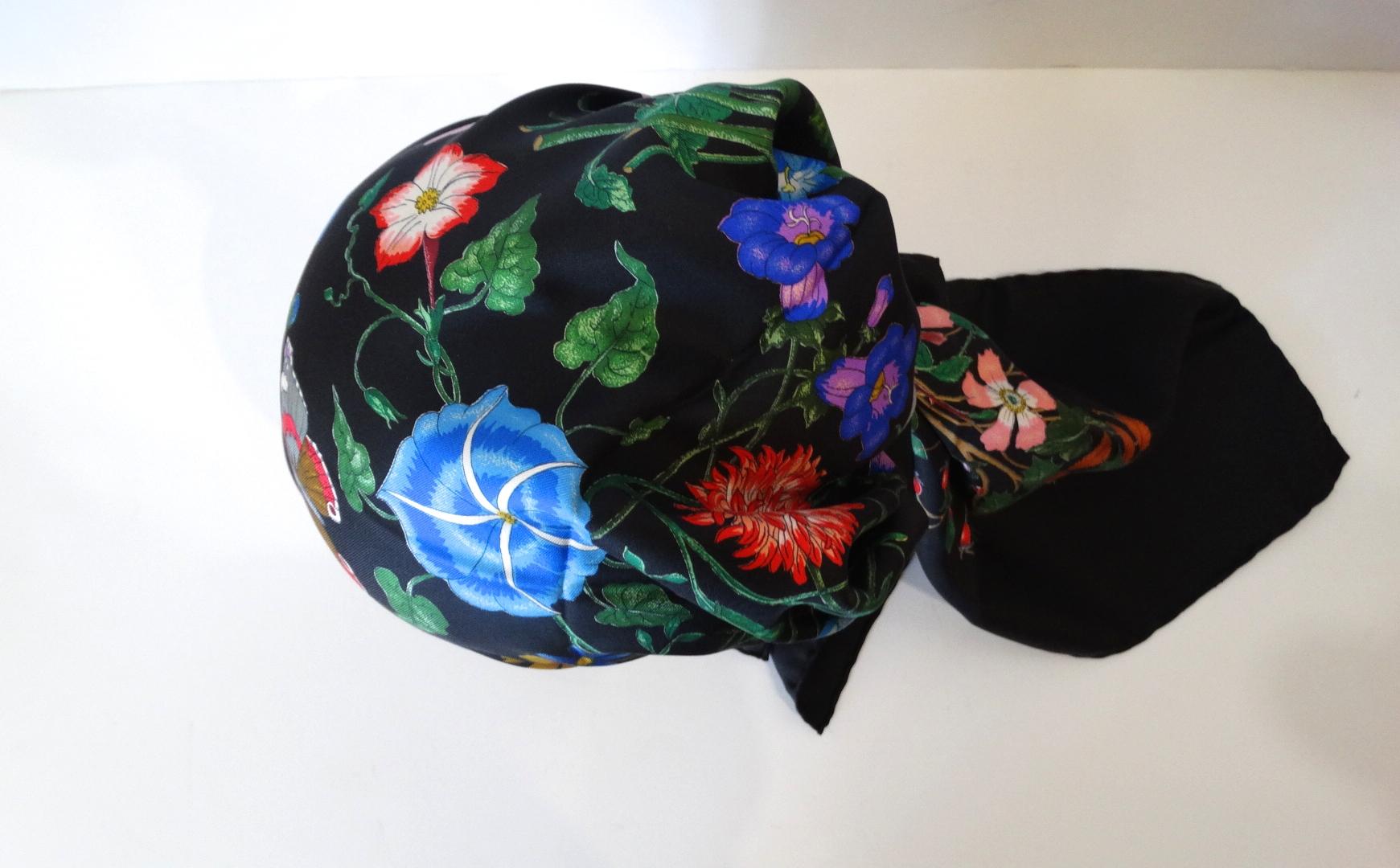 1980s Gucci Black Flora Printed Silk Scarf 1