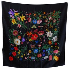 1980s Gucci Black Flora Printed Silk Scarf