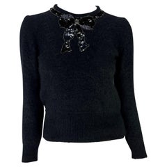 1980 Gucci Black Knit Sequin Beaded Bow Collar Angora Sweater