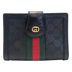 Used 1980s Gucci Black Monogram Leather Cloth Web GG Logo Wallet 