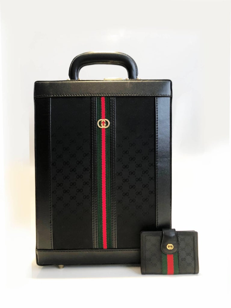 Gucci Black Monogram Web Stripe Vertical Briefcase with Matching Wallet, 1980s
