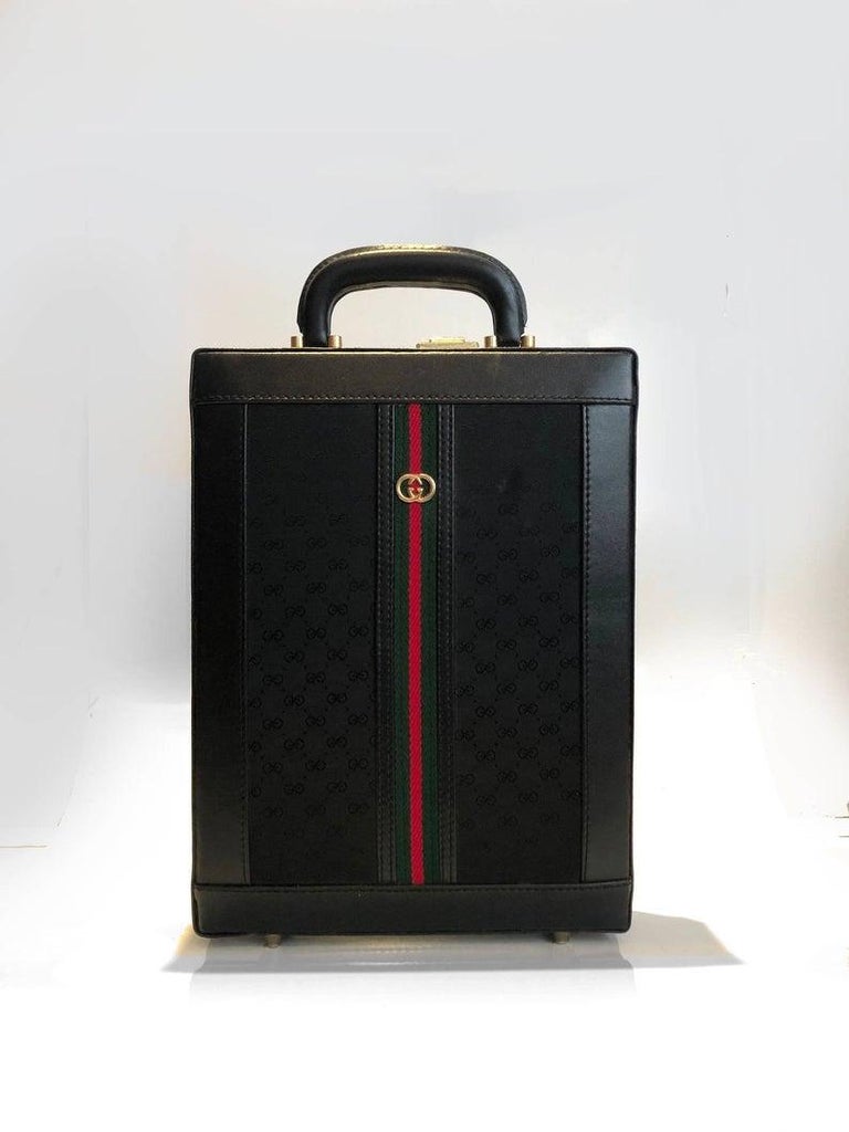 Gucci Black Monogram Web Stripe Vertical Briefcase with Matching Wallet, 1980s In Good Condition In London, GB