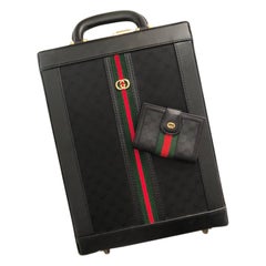 Gucci Black Monogram Web Stripe Vertical Briefcase with Matching Wallet, 1980s