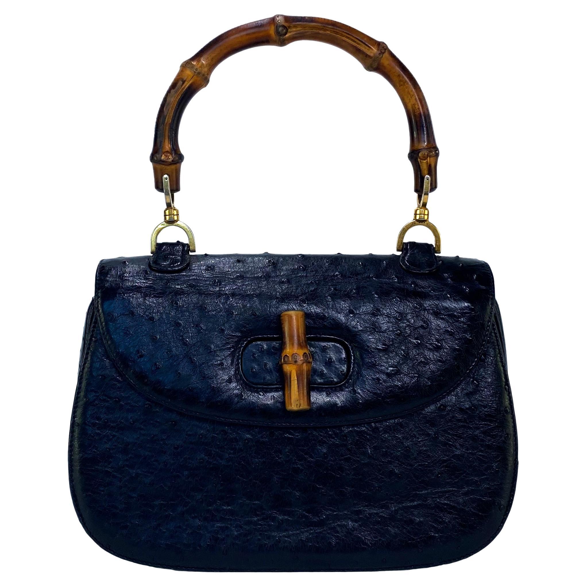 Gucci Vintage Navy Leather Bag with Bamboo Handle - circa 1950's