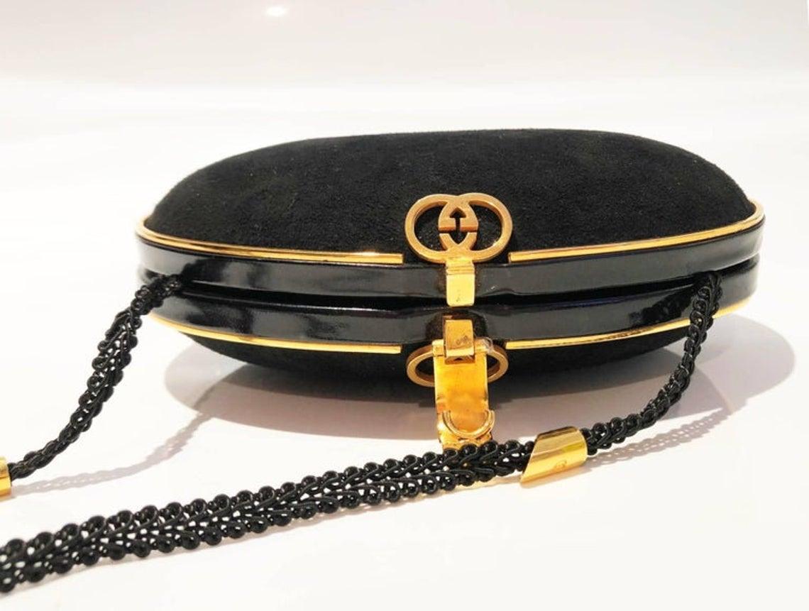 1980s Gucci Black Suede Shell Shaped Evening Box Bag  In Excellent Condition In London, GB