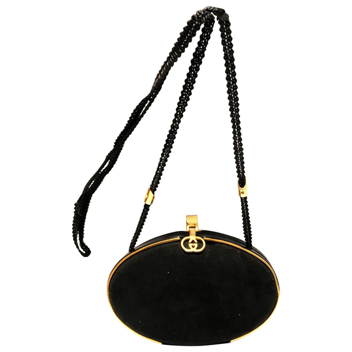 1980s Gucci Black Suede Shell Shaped Evening Box Bag 