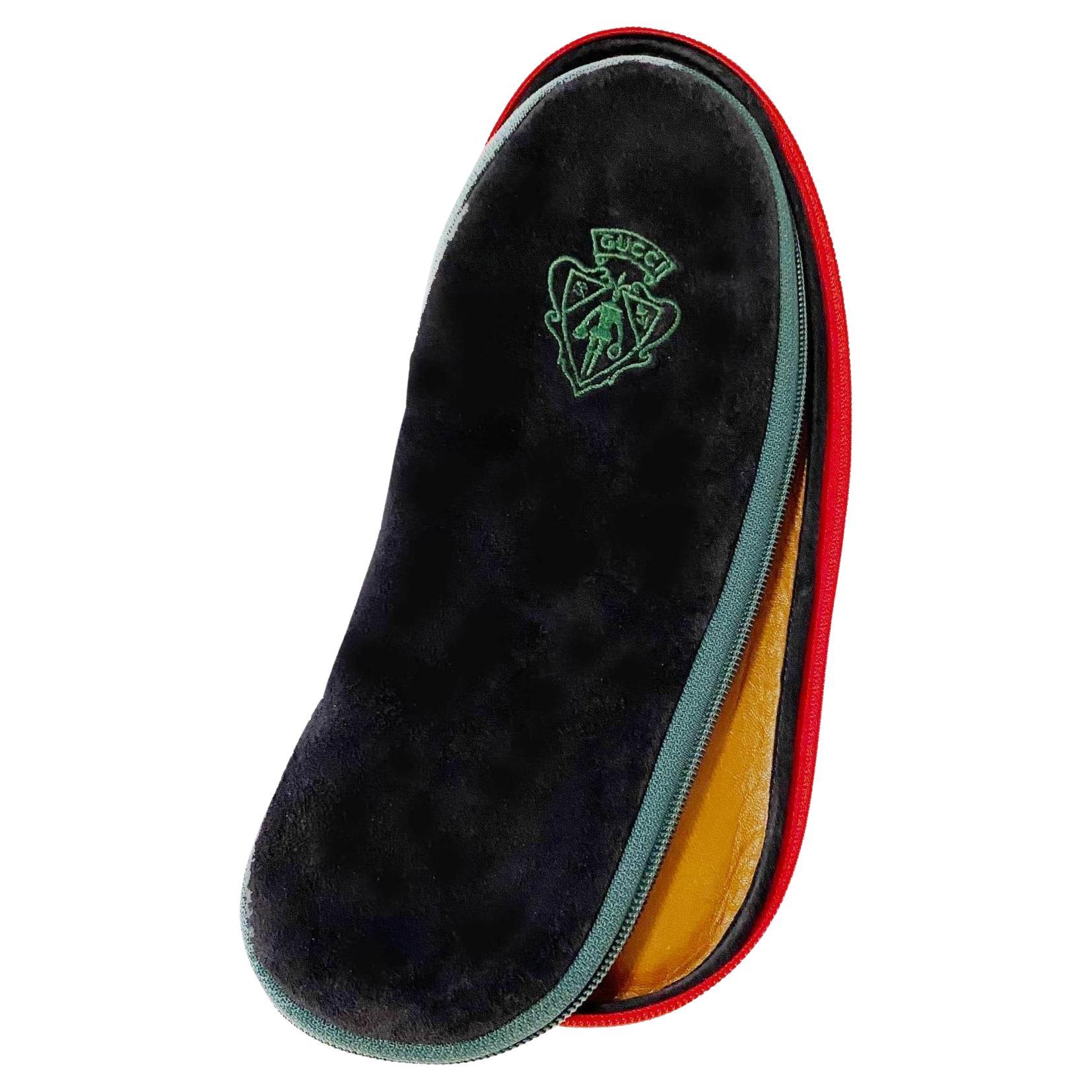 1980s Gucci Black Suede Slippers Travel Case For Sale