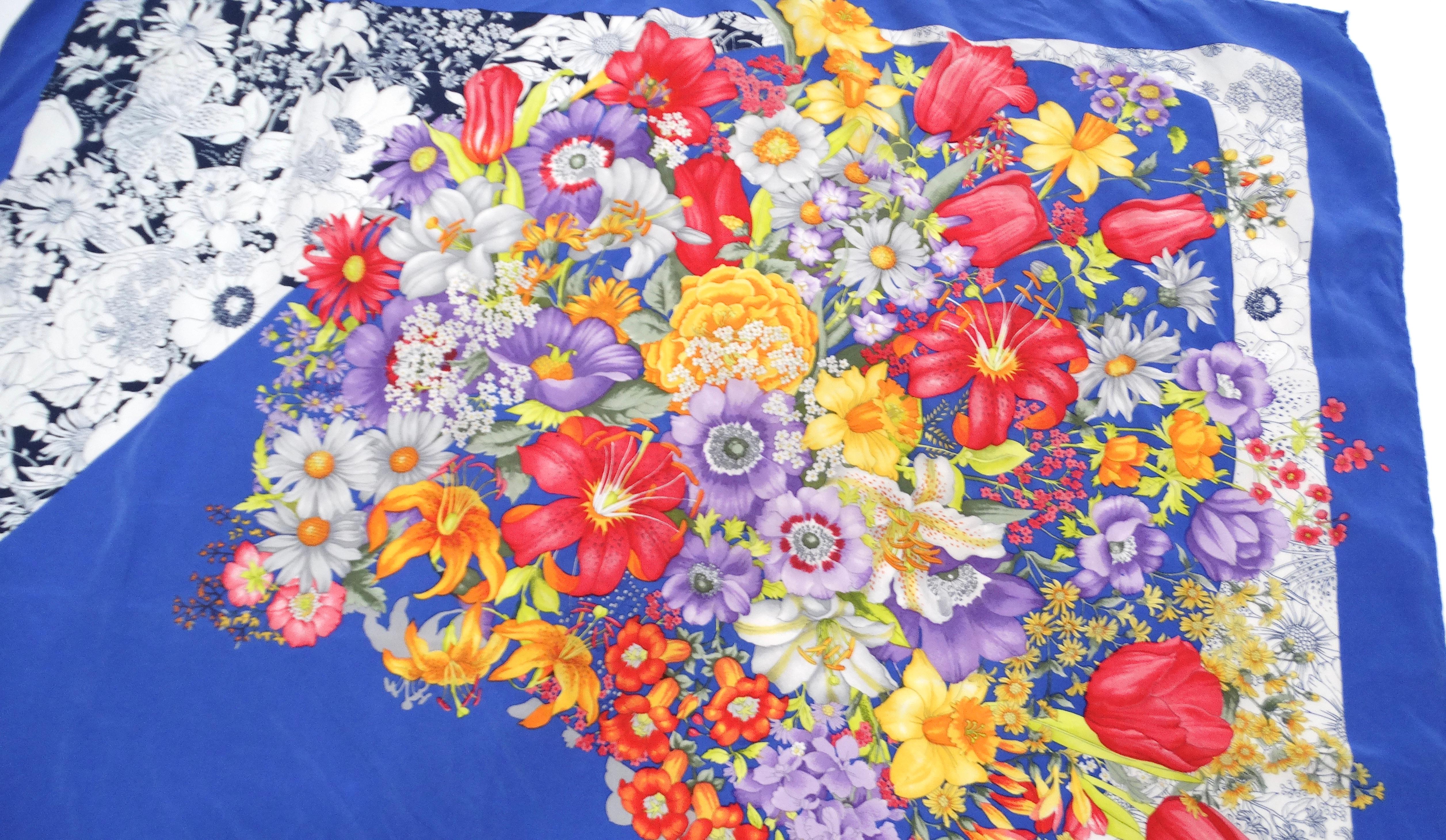 Beige 1980s Gucci Blue Flower Bouquet Print Silk Scarf For Sale