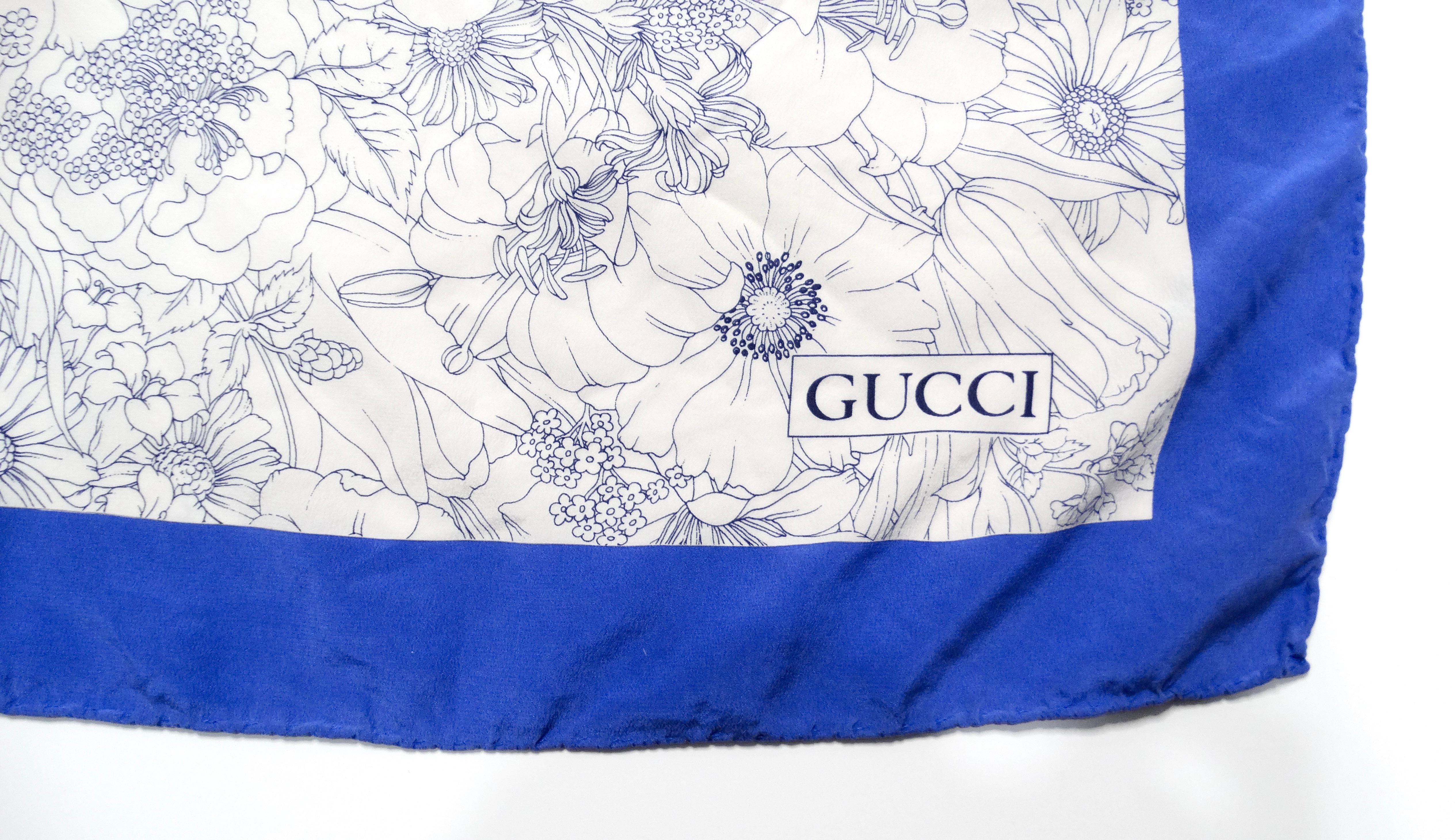1980s Gucci Blue Flower Bouquet Print Silk Scarf In Good Condition For Sale In Scottsdale, AZ