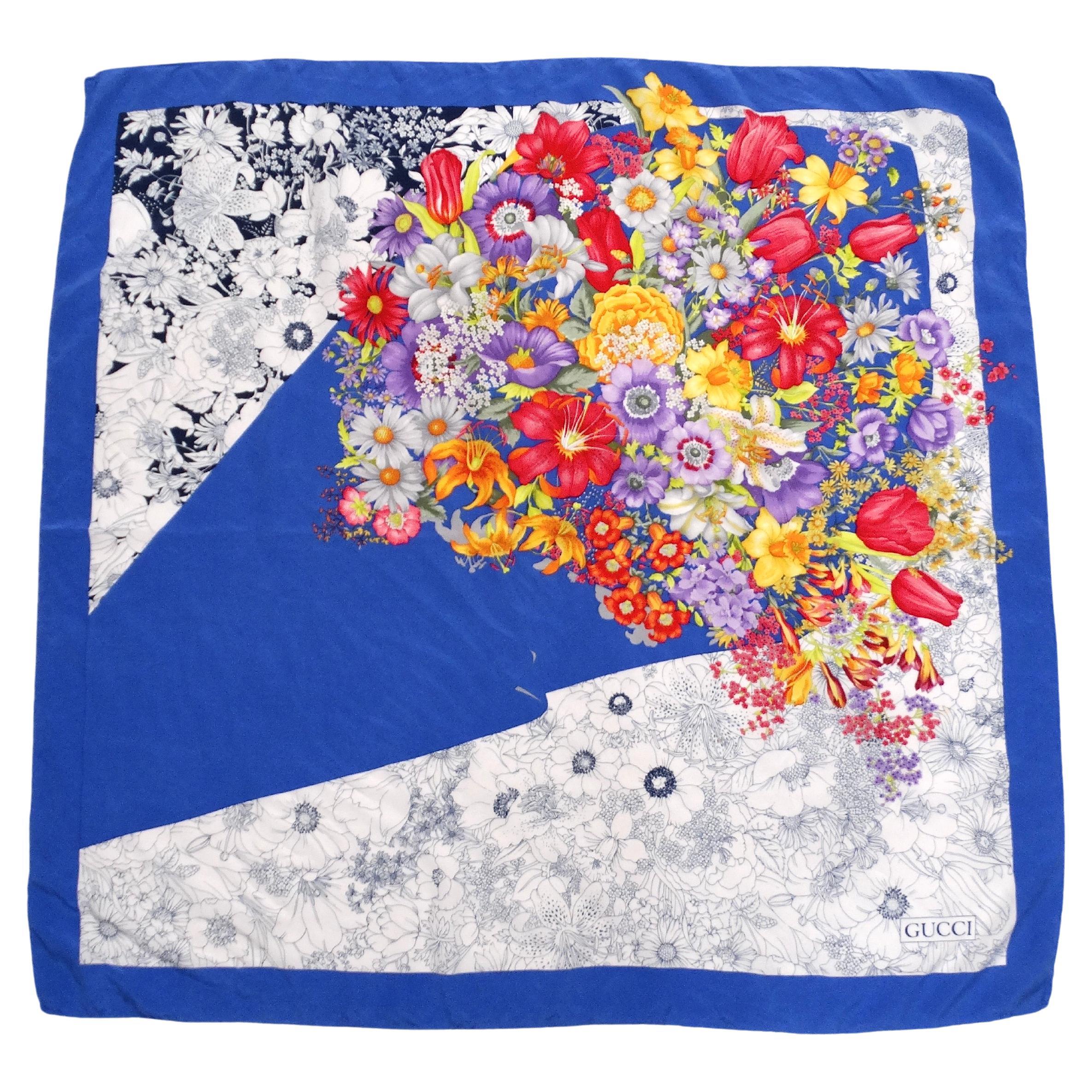 1980s Gucci Blue Flower Bouquet Print Silk Scarf For Sale