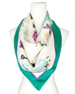 1980's Gucci Botanical Print Green, White and Fuschia Floral Silk Scarf