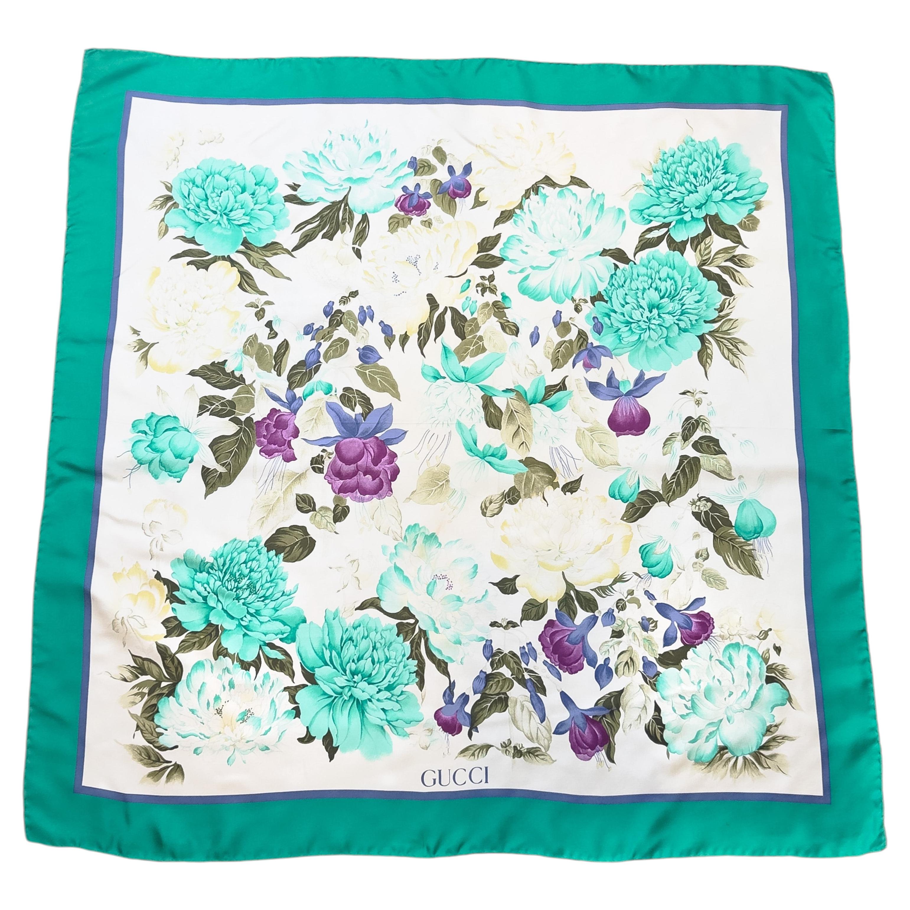 1980's Gucci Botanical Print Green, White and Fuschia Floral Silk Scarf