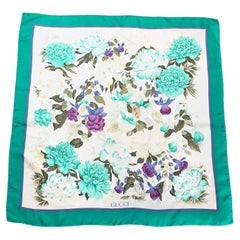 1980's Gucci Botanical Print Green, White and Fuschia Floral Silk Scarf