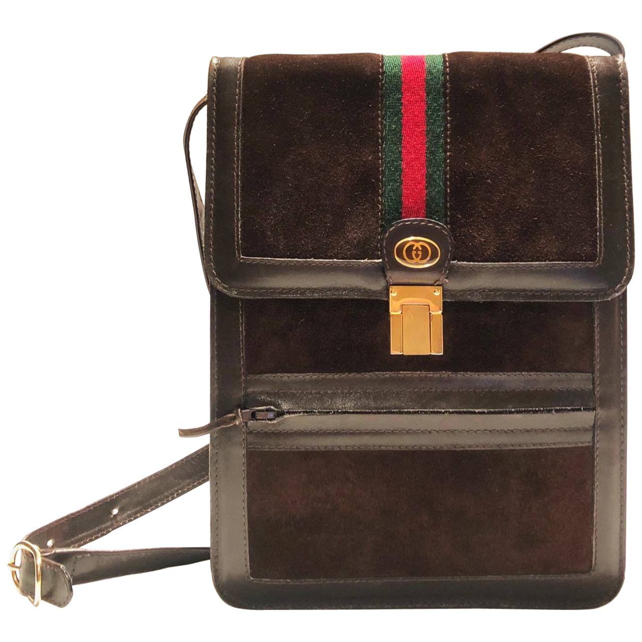 1980s Gucci Sherry Brown Suede Logo Flap Over Shoulder Green Red Web Stripe Bag 