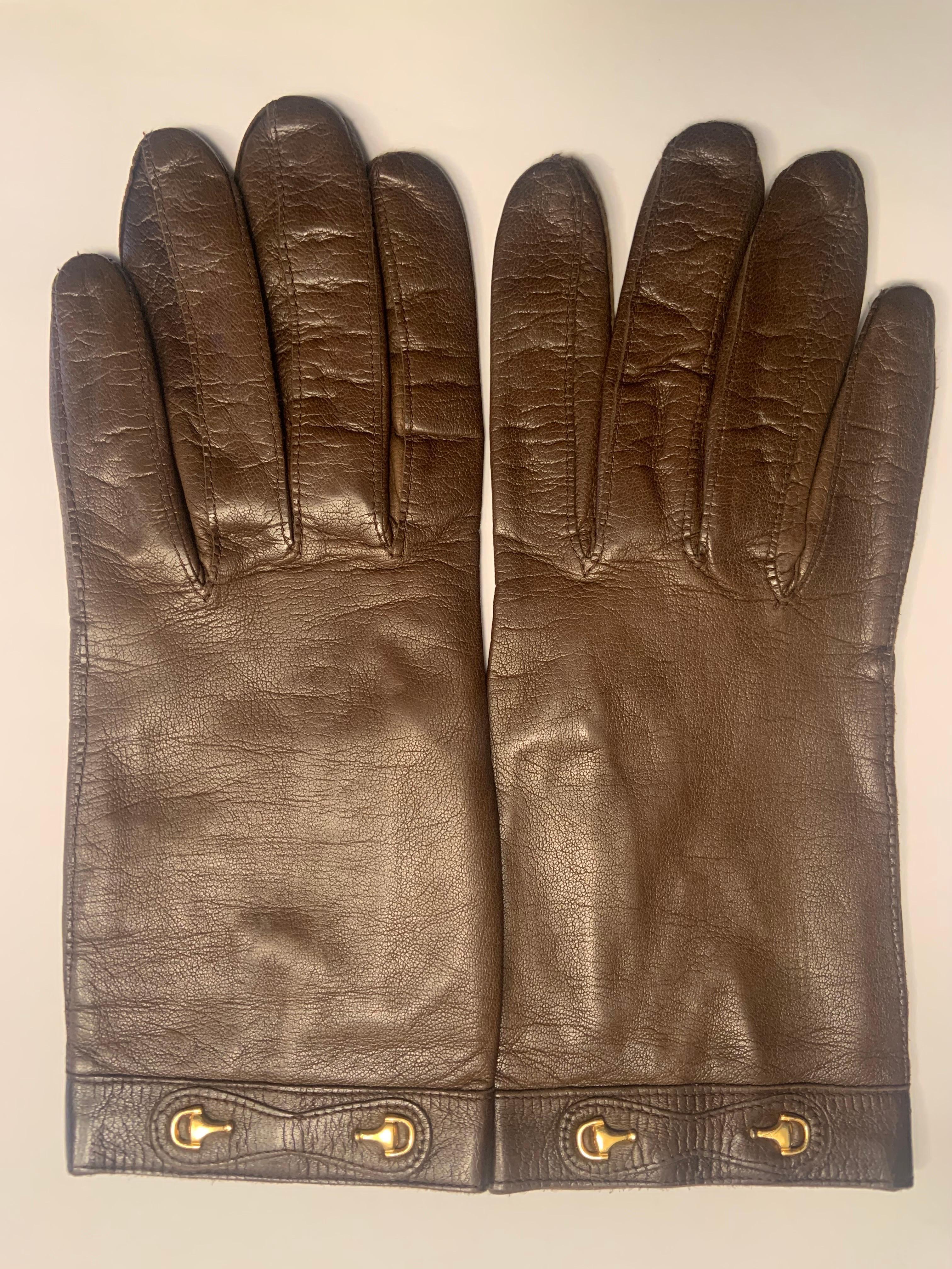 Women's 1980's Gucci Equestrian Theme Brown Leather Gloves Never Worn 6 1/2 For Sale