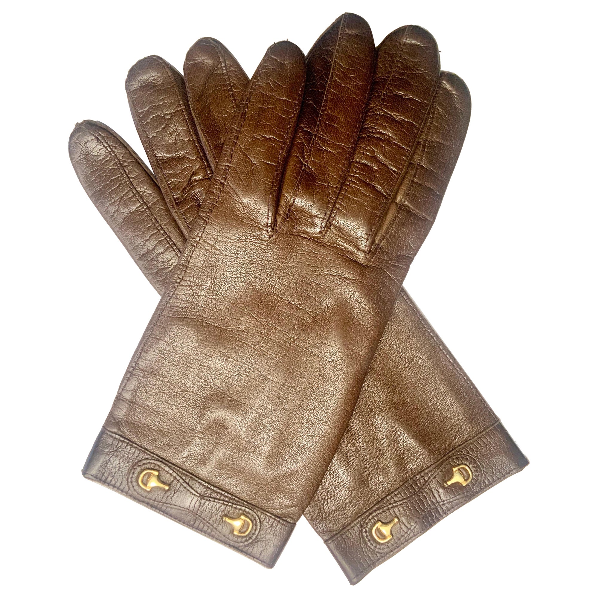Guanti in pelle marrone a tema equestre Gucci del 1980 mai indossati 6 1/2