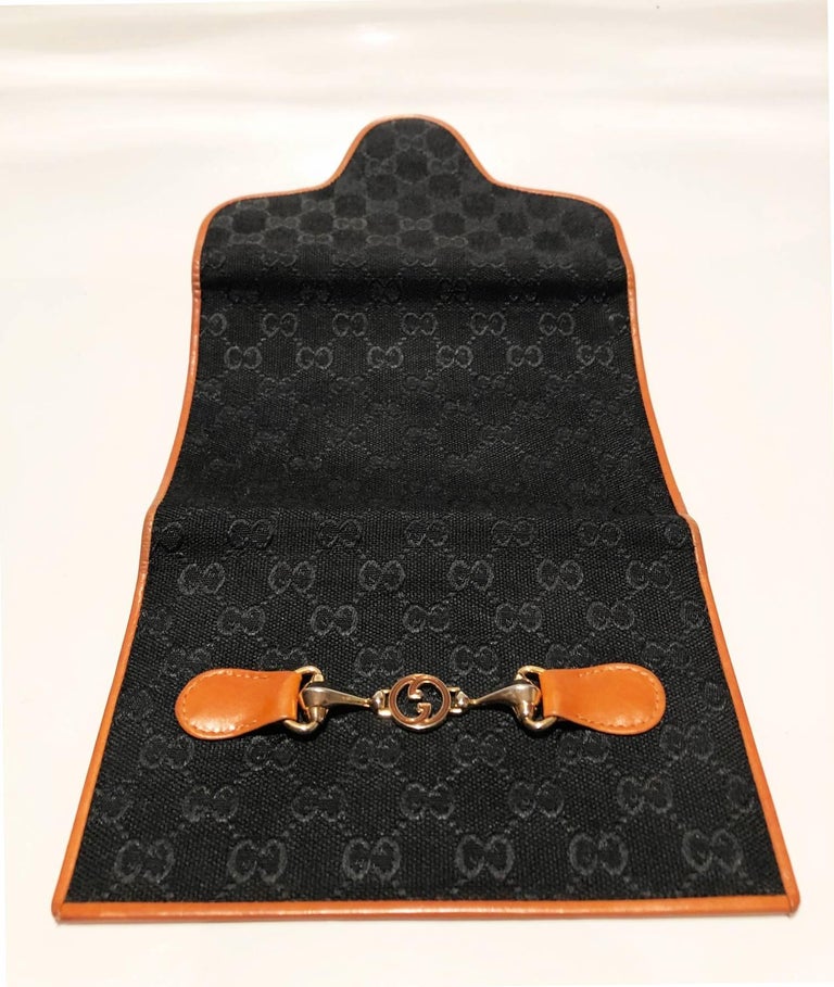 1980s Gucci GG Interlocking Logo Black Cloth and Tan Leather Passport