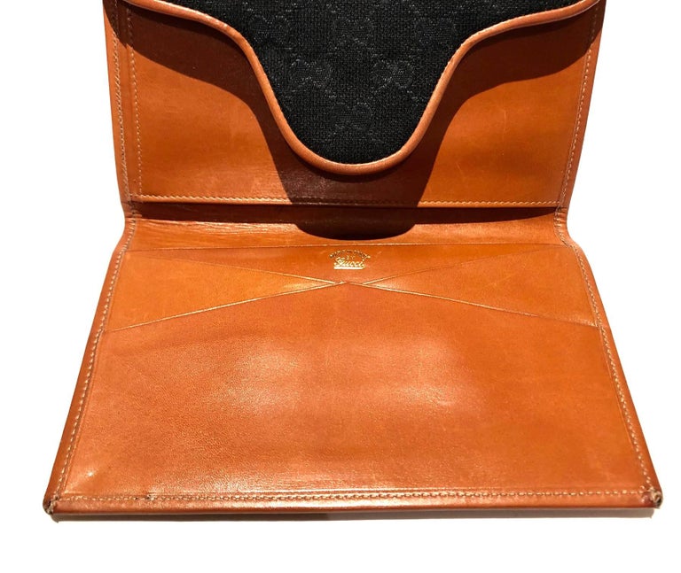 1980s Gucci GG Interlocking Logo Black Cloth and Tan Leather Passport