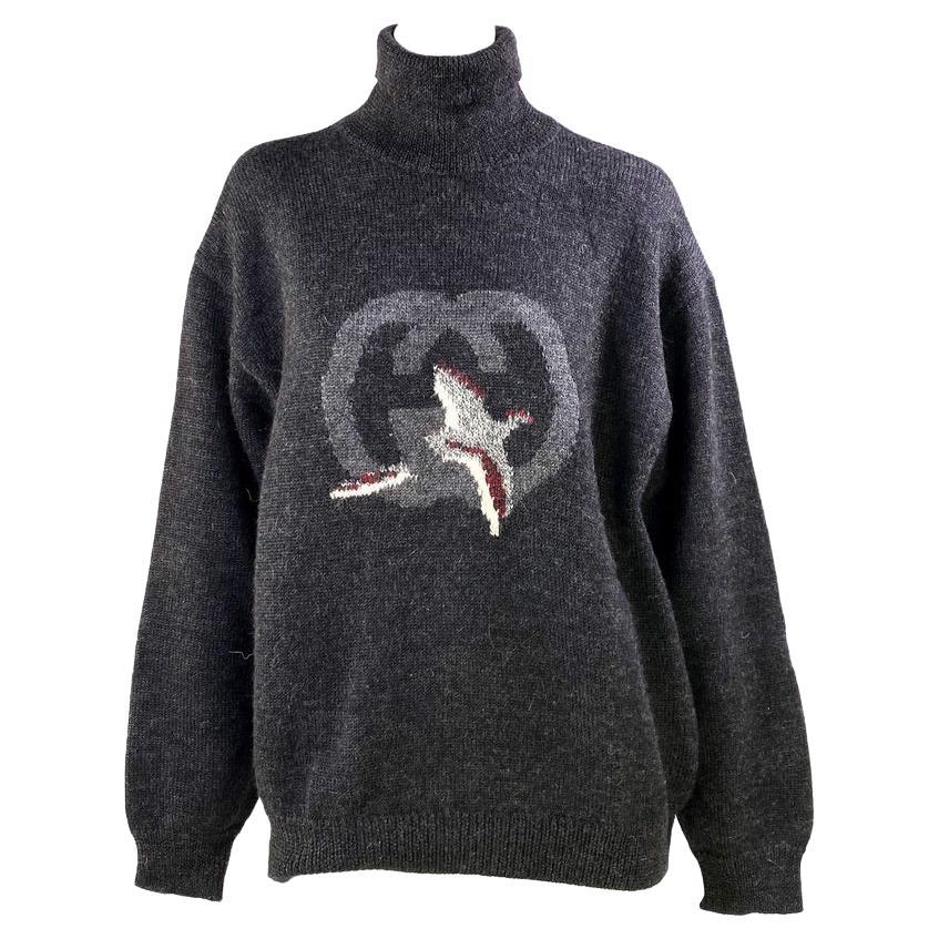 1980s Gucci GG Logo Vintage Hunting Bird Oversized Turtleneck Sweater