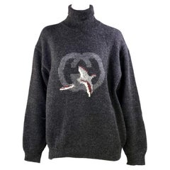 1980s Gucci GG Logo Retro Hunting Bird Oversized Turtleneck Sweater