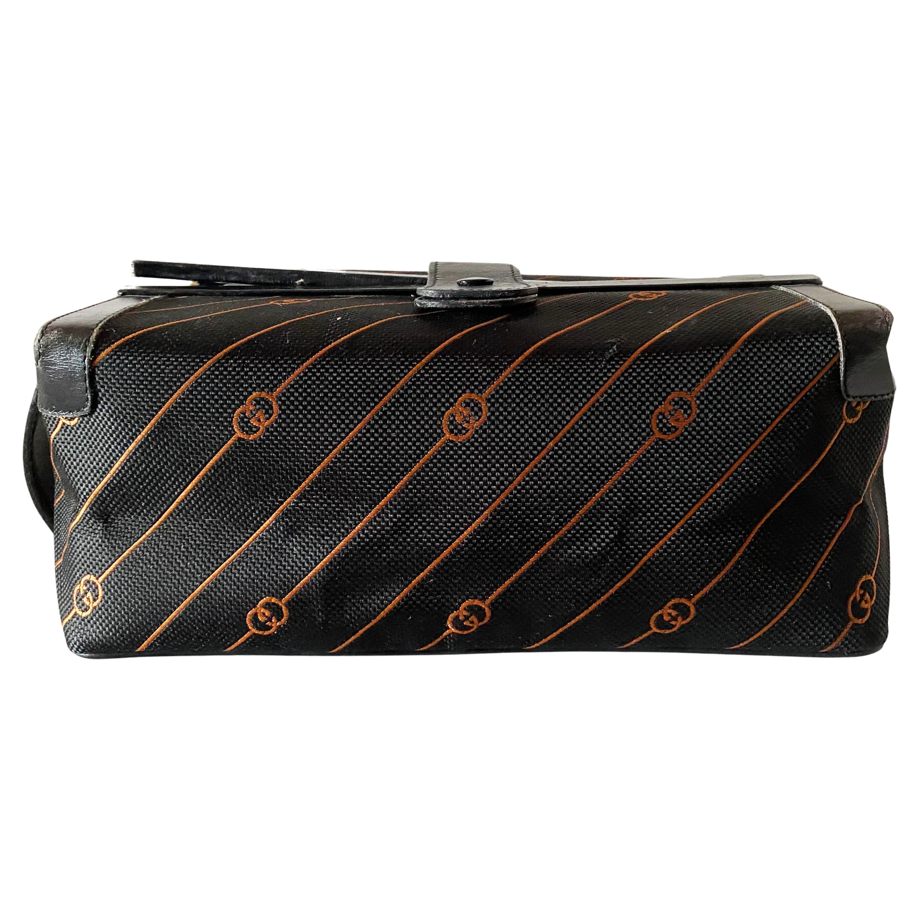 The Vintage Gucci GG Monogram Leather Wash Bag is Made in Italy, this unisex item features black canvas and leather exterior material with the iconic Gucci GG pattern, side leather handle strap 

Condition: vintage, 1980s, it shows some wear inside